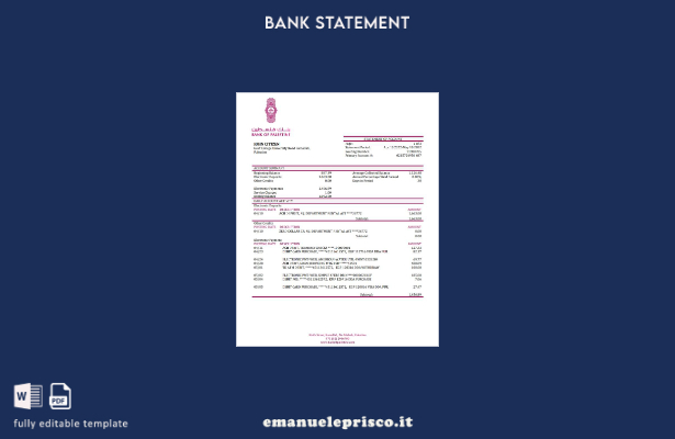 modello word di estratto conto bancario della Palestine Bank of Palestine in sti